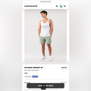 Men’s Green alphalete studio shorts in 6in.